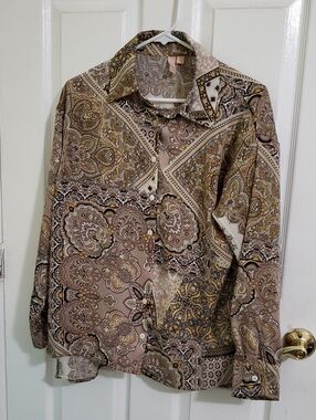 Four Hearts Boho Brown Cream Paisley Long Sleeve Button-Up Satin Blouse Top L